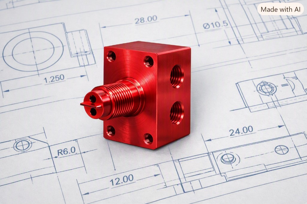 Red anodized machined part sitting on an engineering drawing