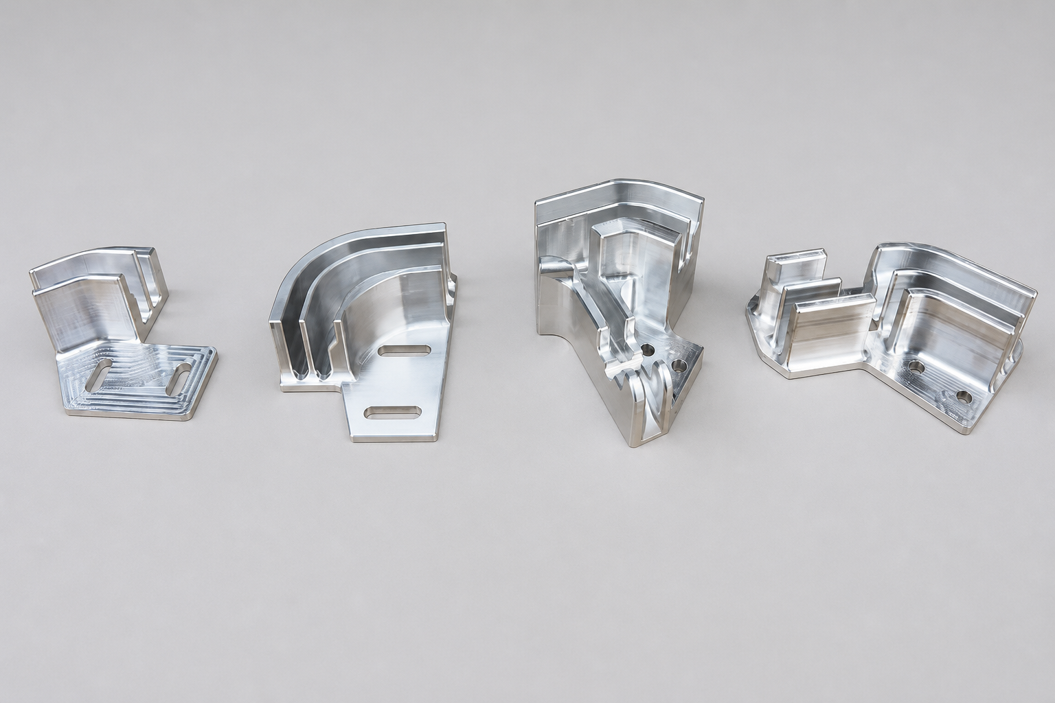 Four CNC-milled aluminum parts with slots, ribs, and bored holes