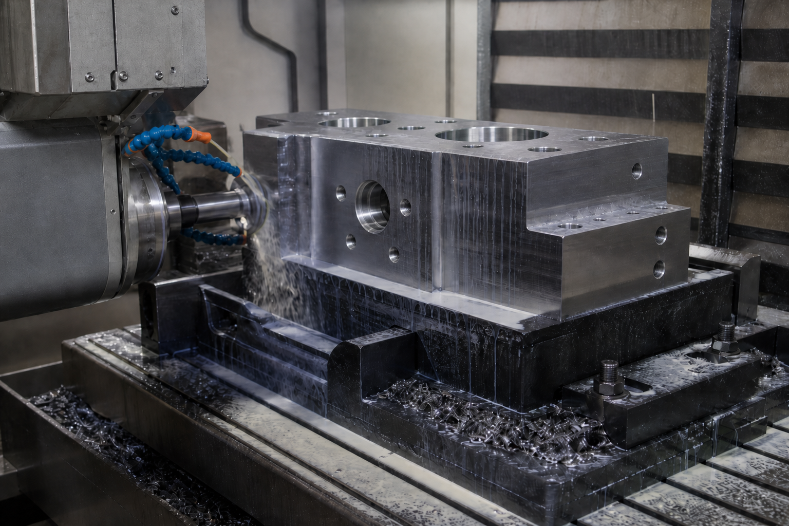 Large steel block being cut on a horizontal milling machine