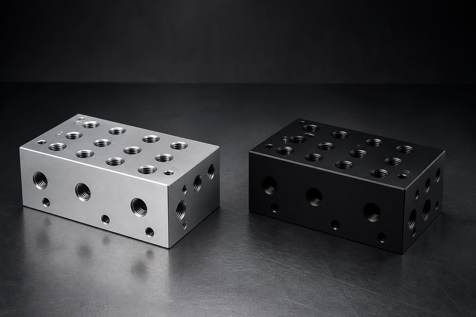 Grey aluminum and black anodized hydraulic manifold blocks