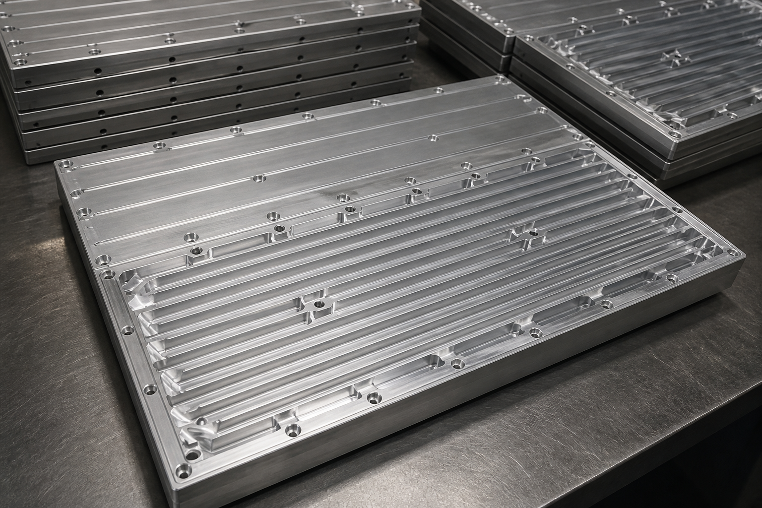 Stacks of silver-grey aluminum radiator plates from a production run