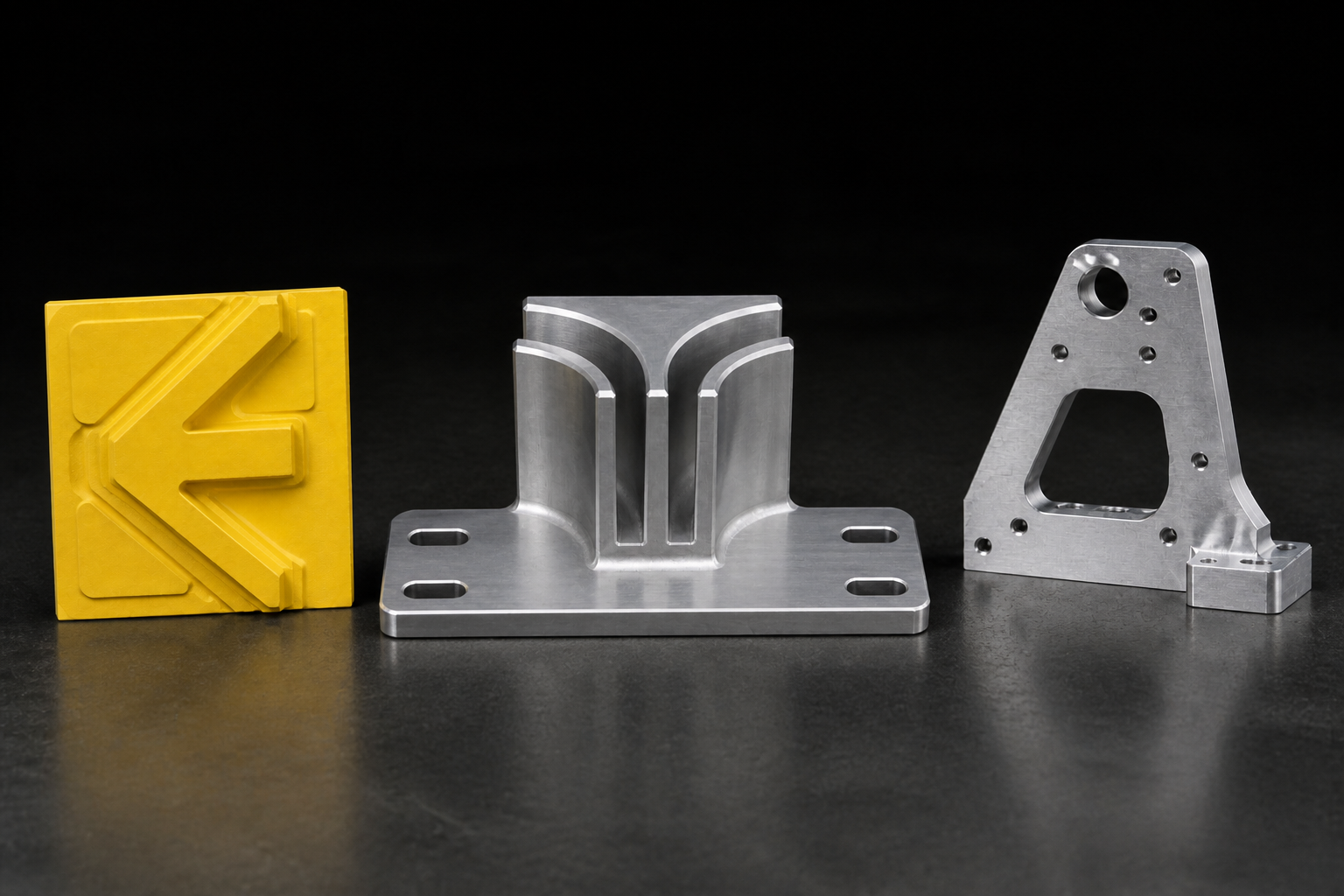 Yellow 3D-printed prototype, machined aluminum guide, and L-bracket first articles