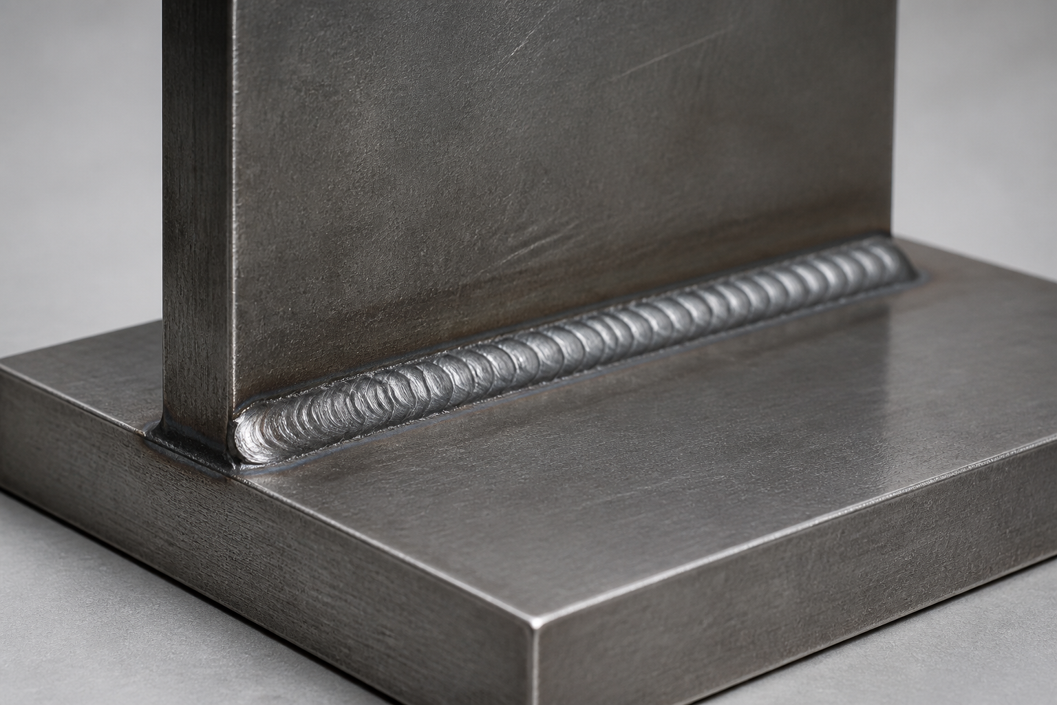 Close view of a clean fillet weld on steel plate
